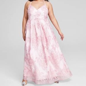 BCX Trendy Plus Size Strappy-Back Embroidered Lace Gown in Pastel Pink Size 18W